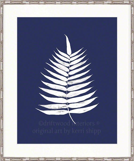 White Palm Leaf Watercolor Wall Art Print on Blue Background